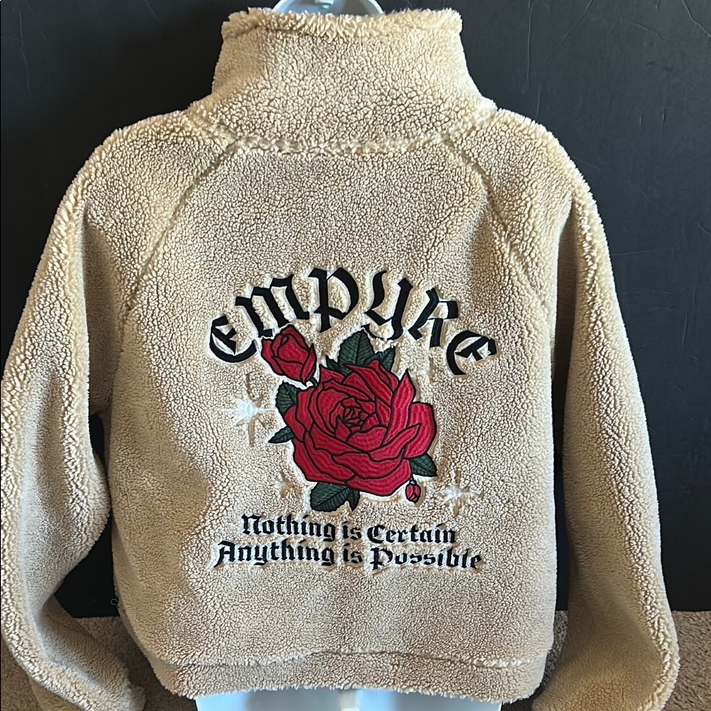 Empire Beige Sherpa Jacket with Red Rose Embroidery
